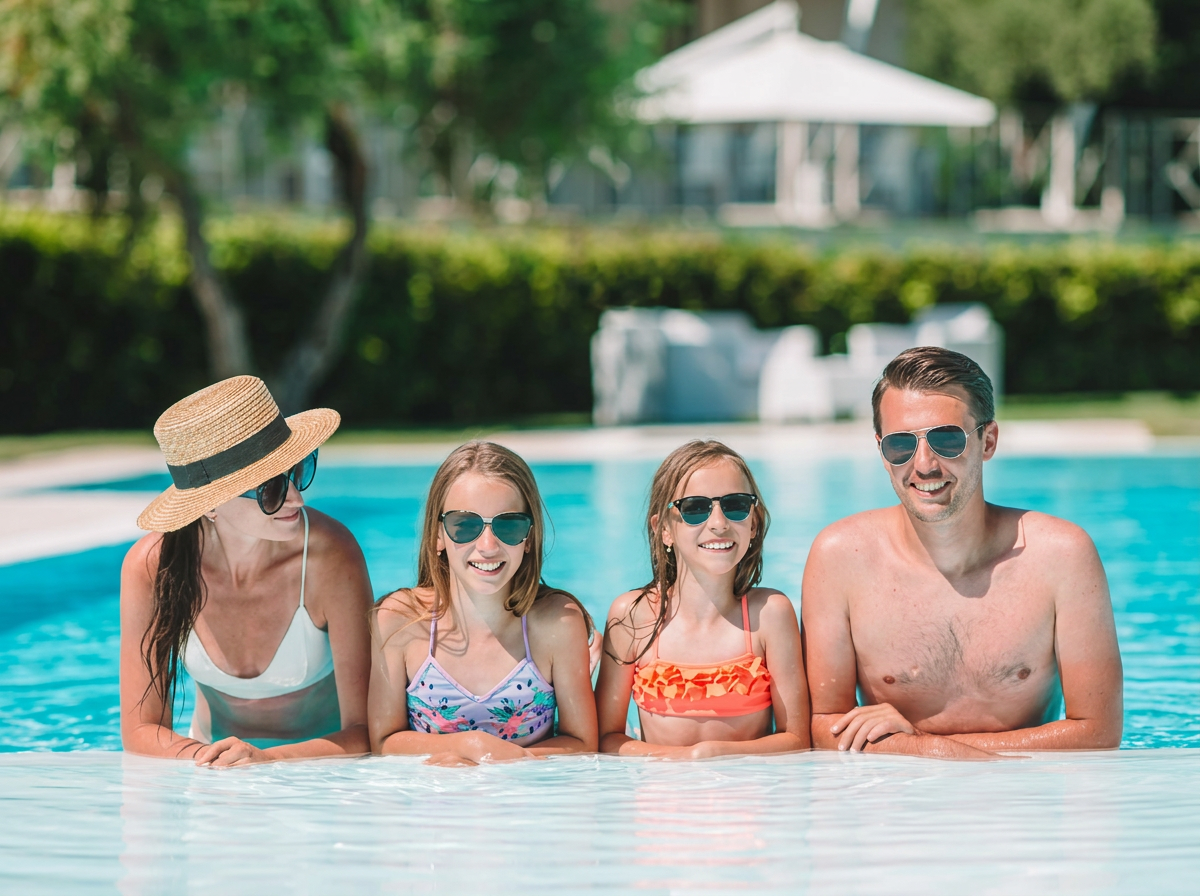 Happy family smiling together in their newly built backyard pool at golden hour