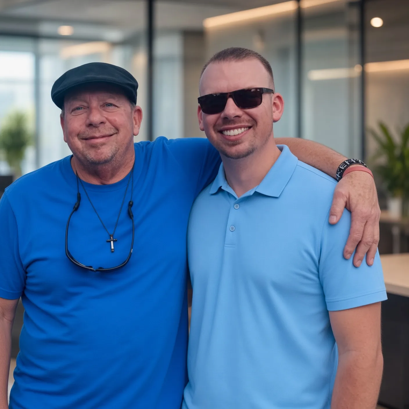 U.S. Pool Professionals founder Victor with his son Cody, smiling together in the company showroom
