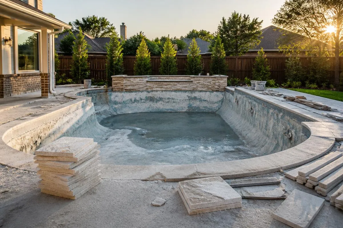 Backyard pool mid-remodel with new travertine coping ready to set