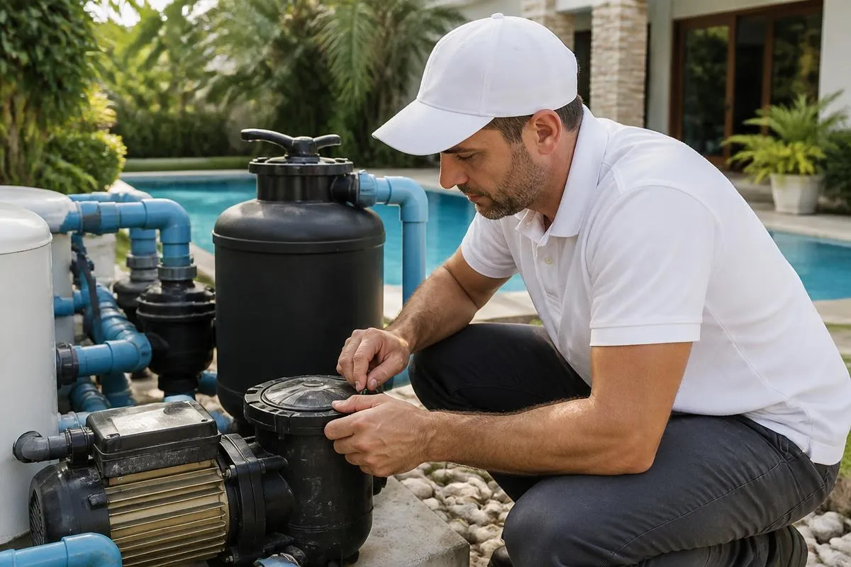 Technician servicing pool pump and filter equipment beside a pool