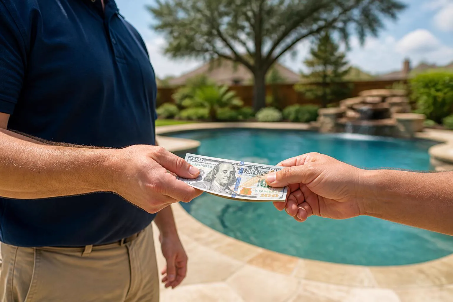 U.S. Pool Professionals handing a $100 cash referral reward to a customer beside their pool