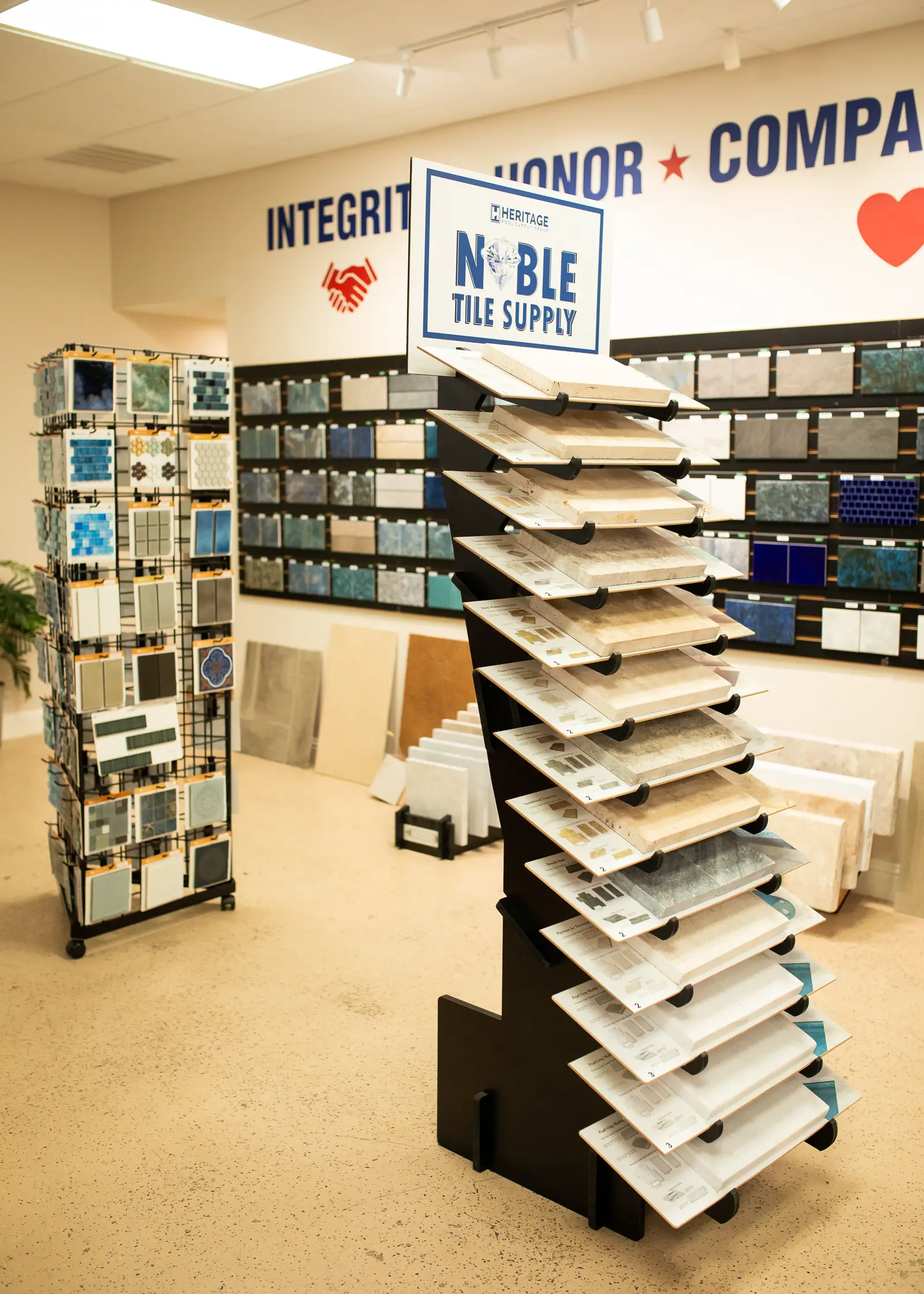 Coping and decking sample racks in the U.S. Pool Professionals showroom