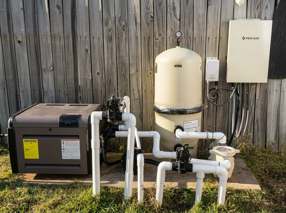 New pool equipment pad with variable speed pump, filter, and automation control panel