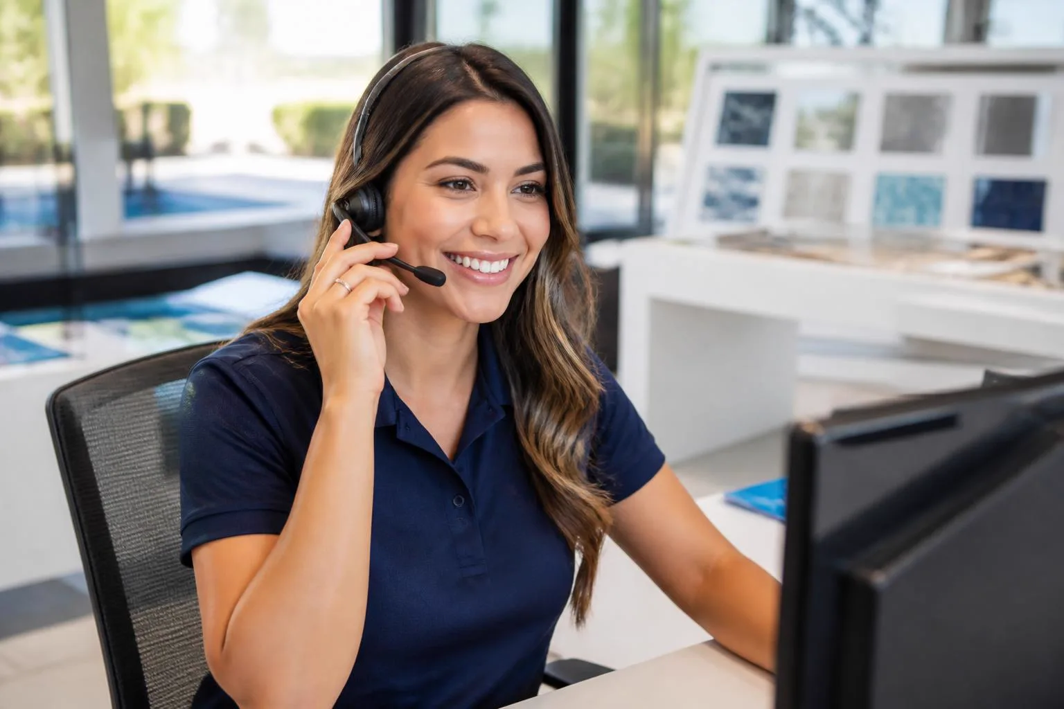 U.S. Pool Professionals team member taking a customer call in the Rockwall office