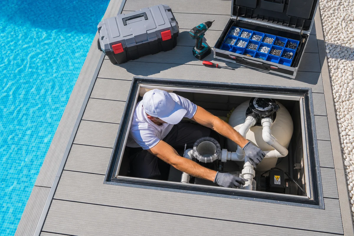 Technician servicing a pool pump and filter at the equipment pad