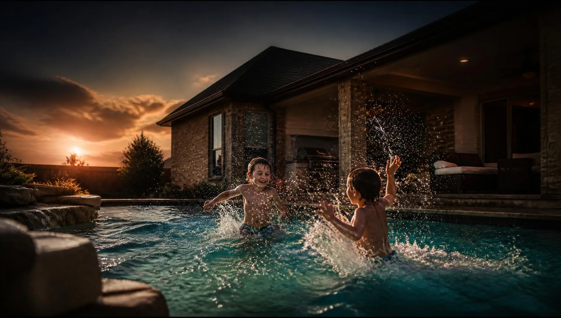Family enjoying a backyard pool at dusk in North Texas