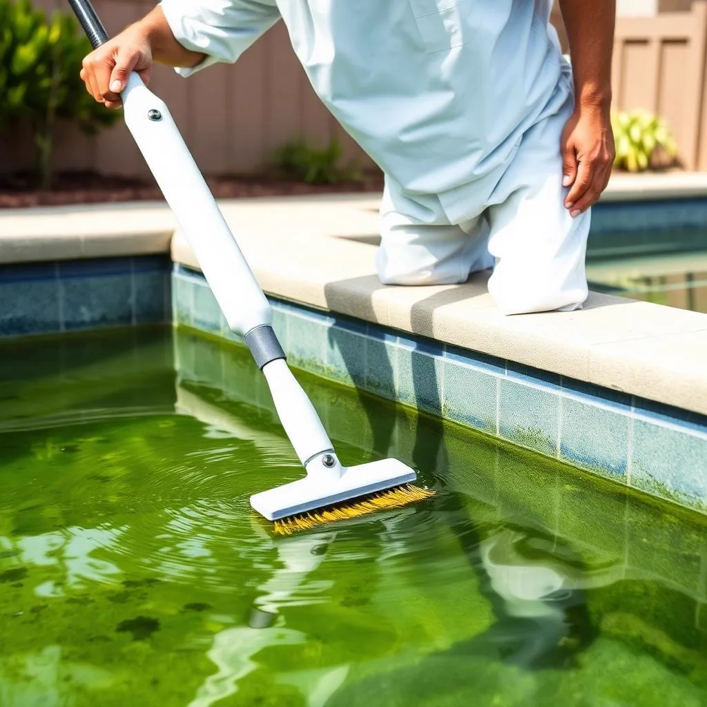 Technician brushing a green algae pool during recovery