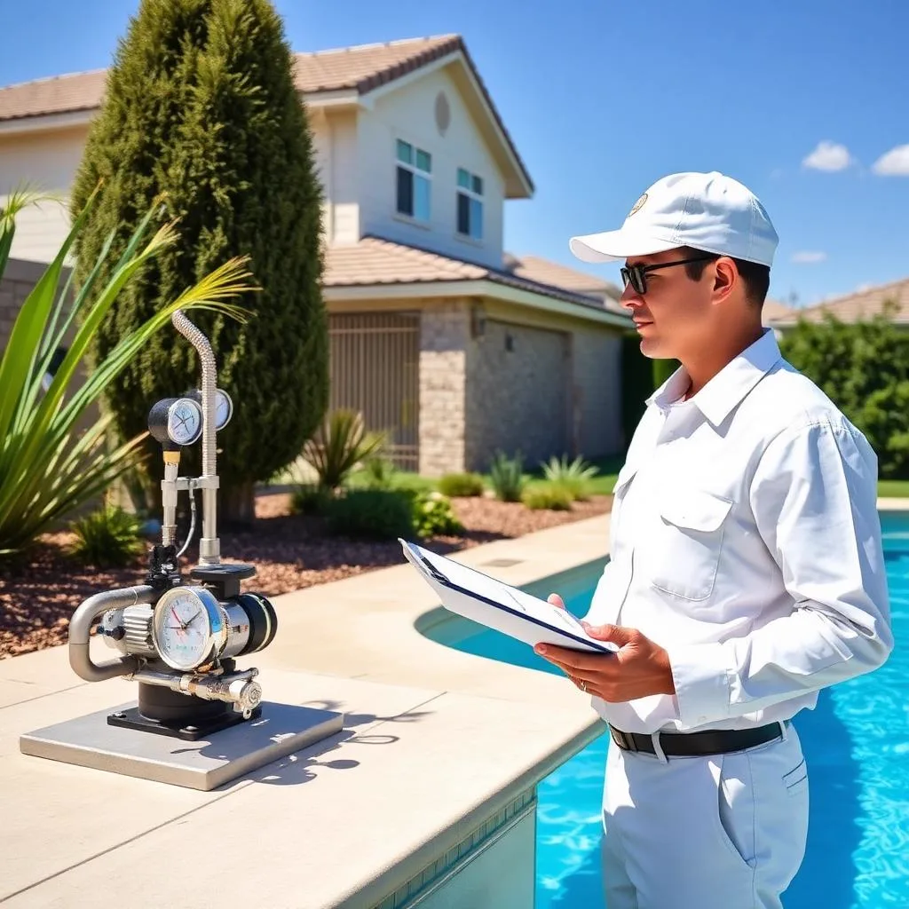 Technician reviewing an inspection report beside a pool