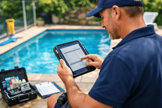 Technician reviewing a digital inspection report on a tablet beside a pool
