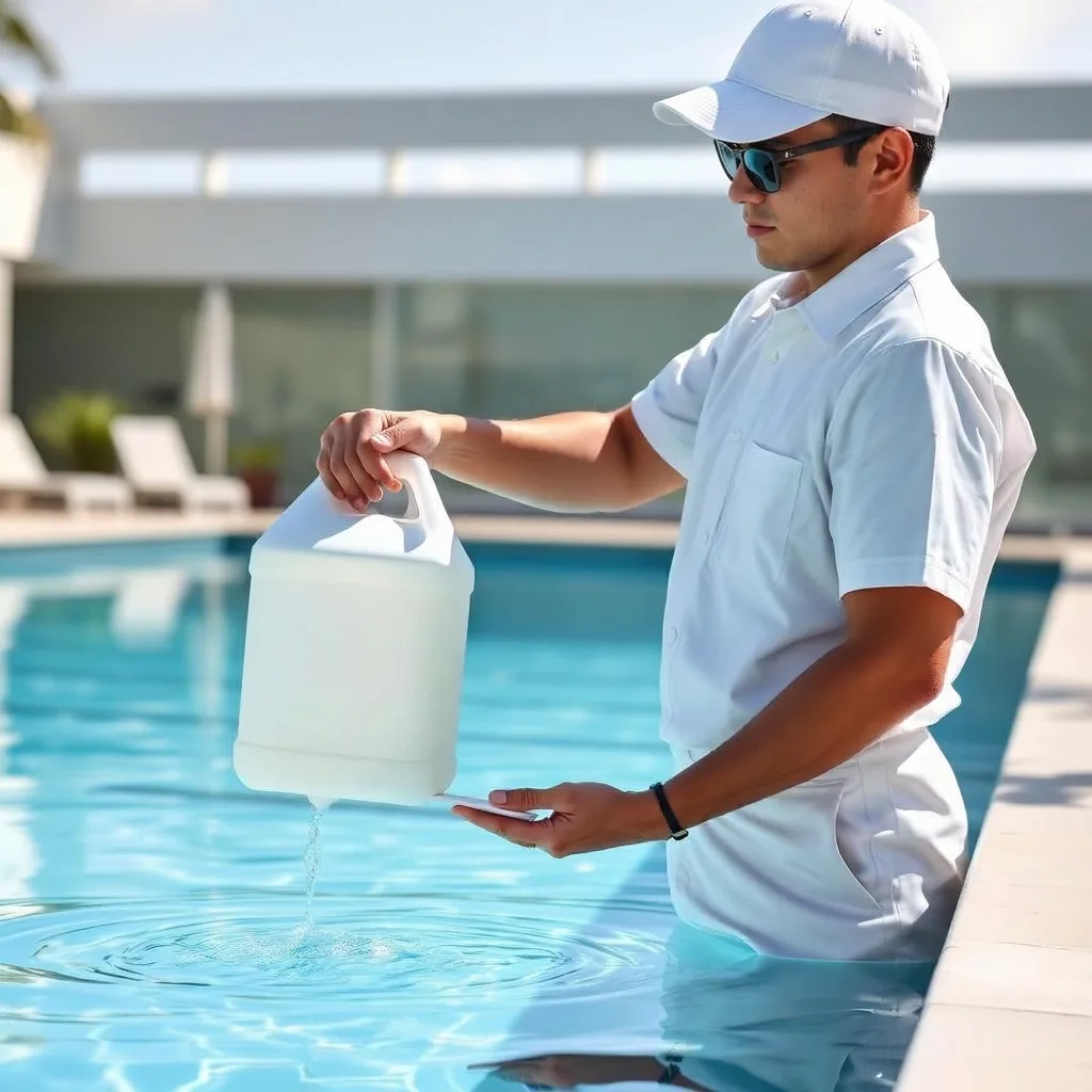 Technician adding water treatment to a commercial pool