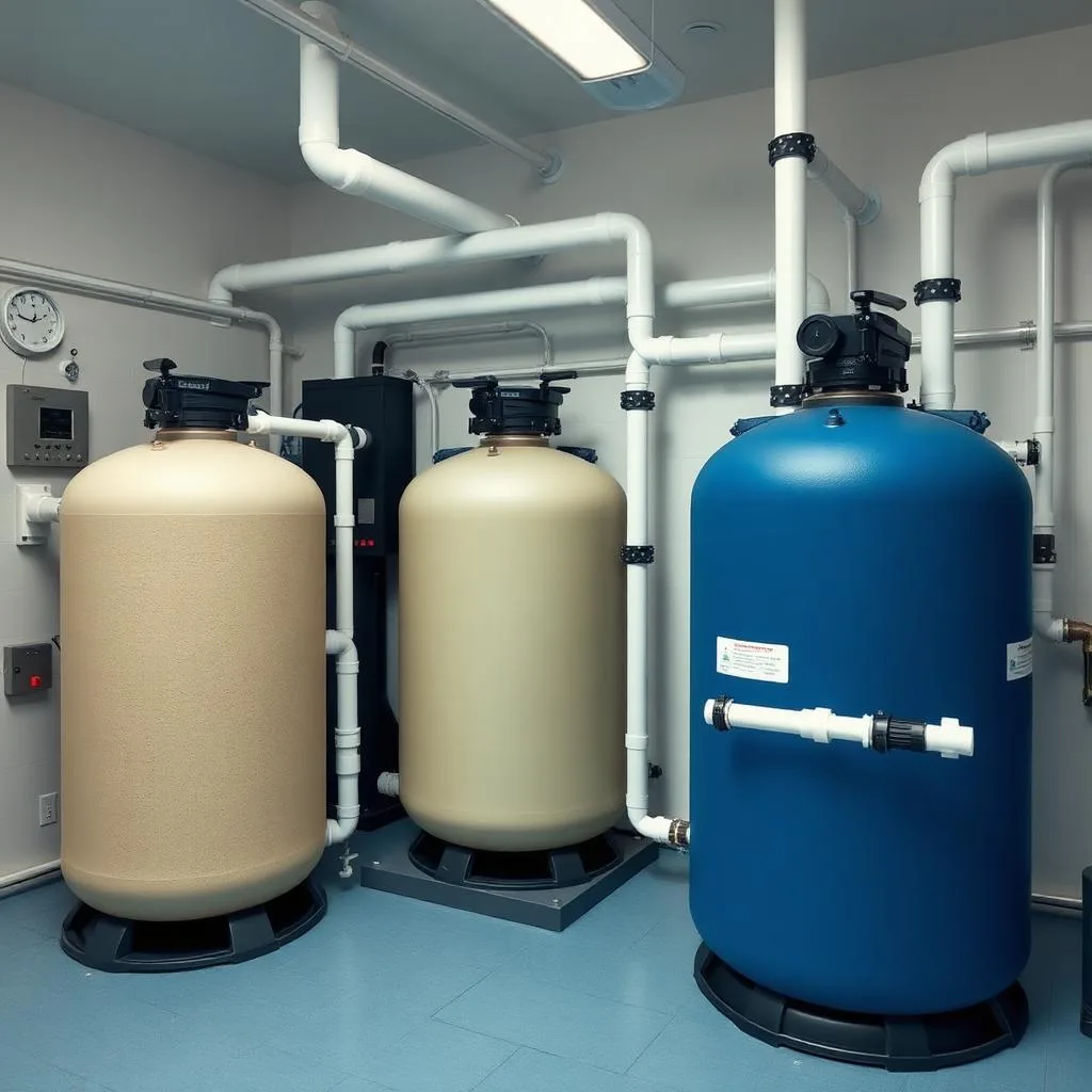 Commercial pool equipment room with large filter tanks