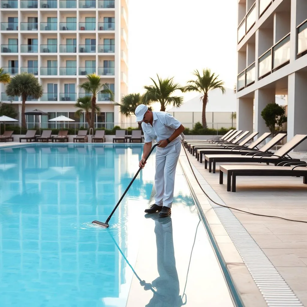 Pool porter cleaning the deck of a hotel pool