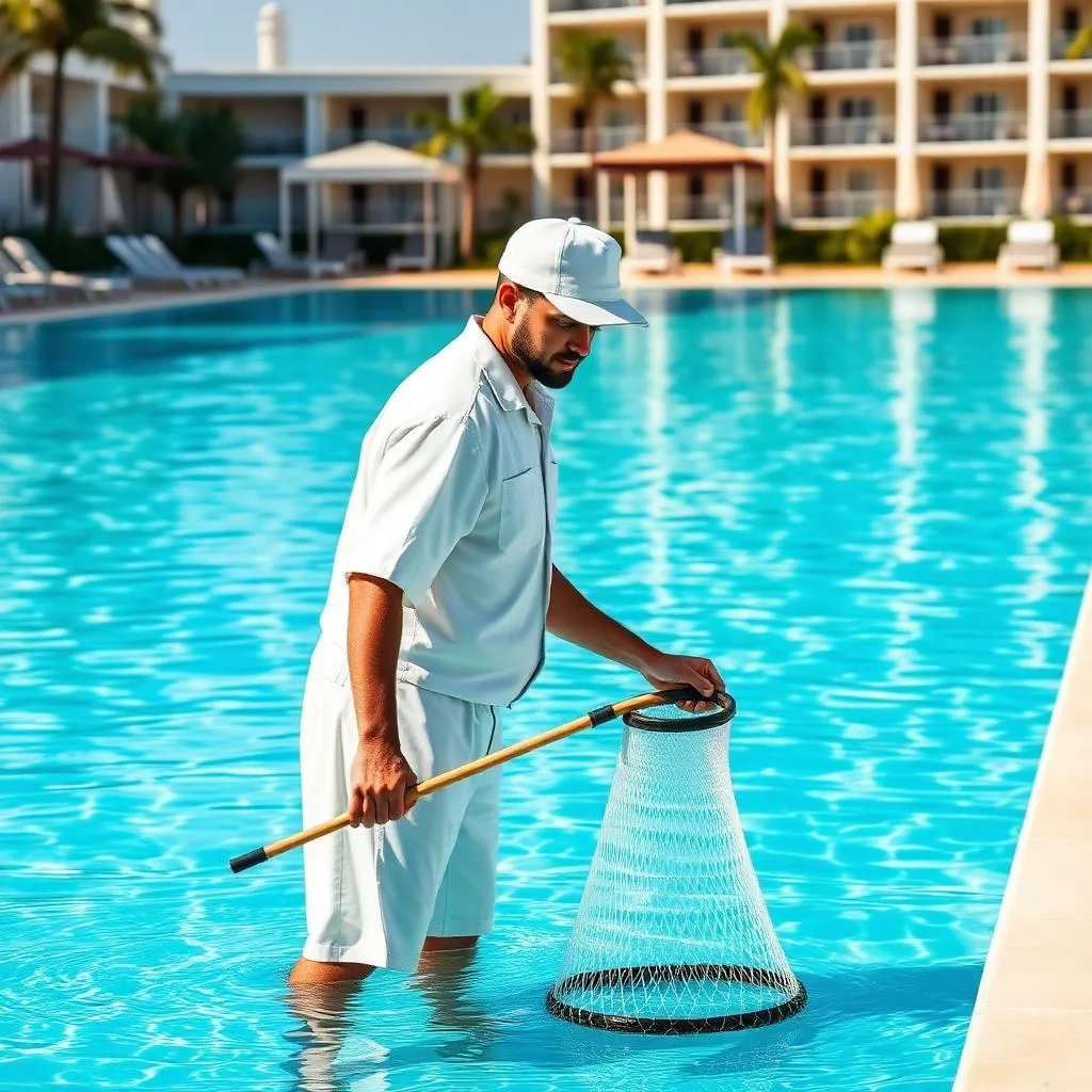 Technician skimming a large resort pool