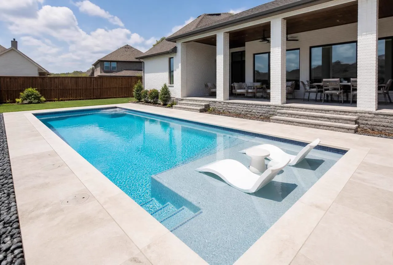 Modern rectangular fiberglass pool with tanning ledge in a suburban backyard