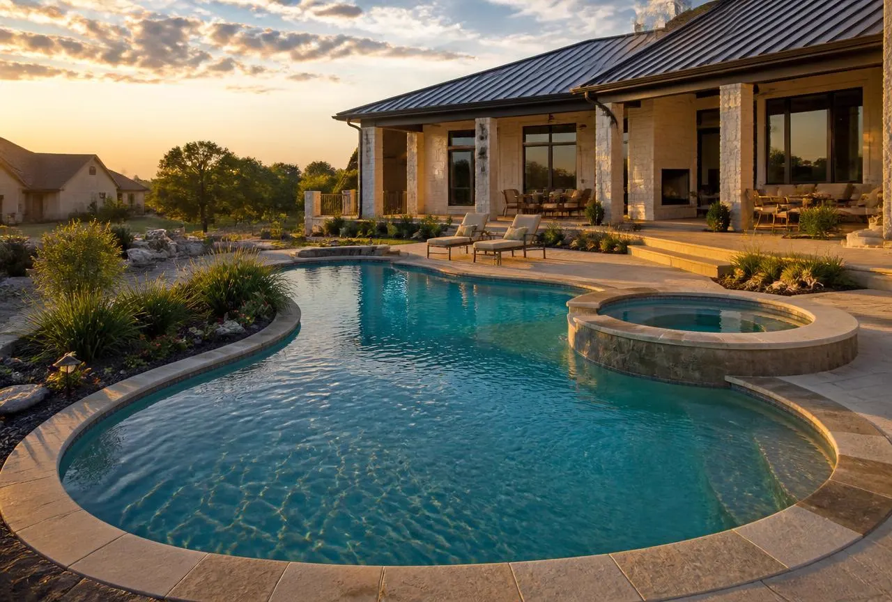 Custom freeform gunite pool with integrated spa at a luxury Texas home
