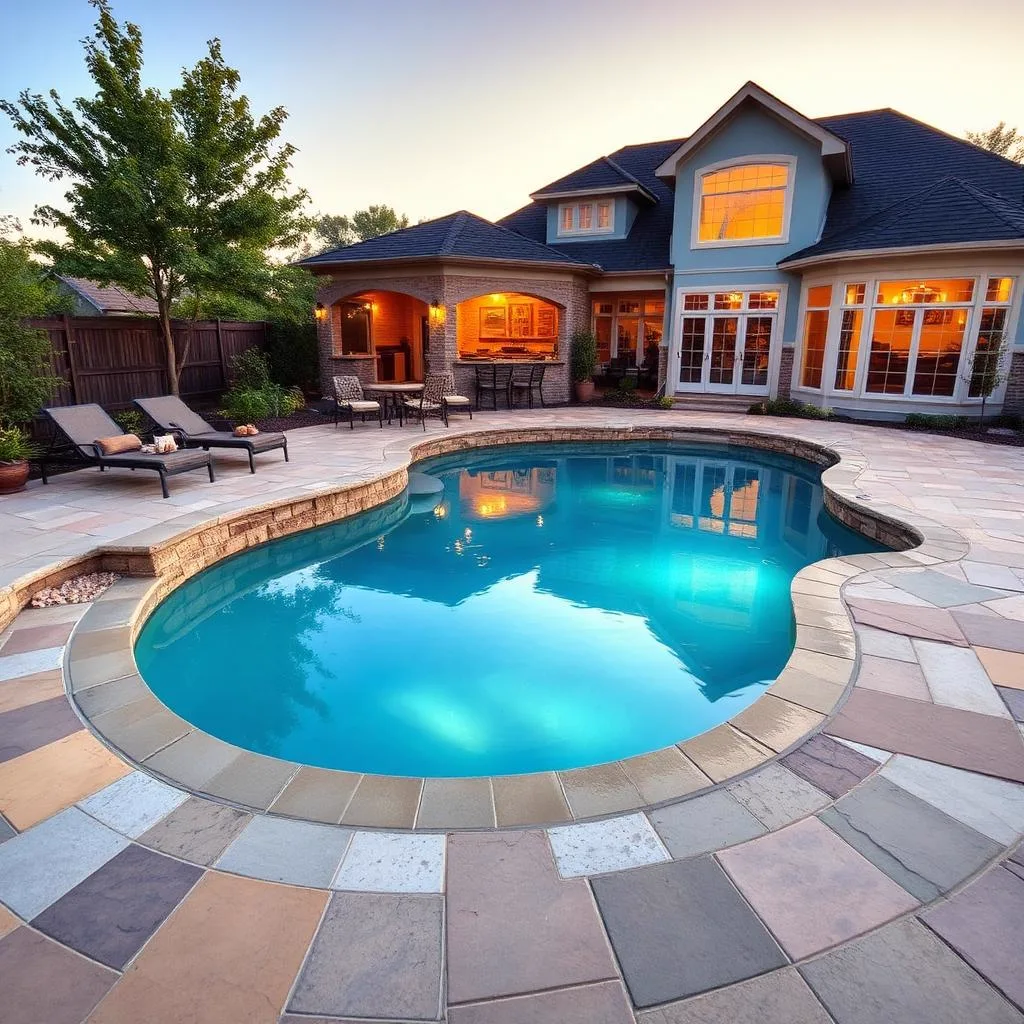 Natural stone pool deck around a remodeled backyard pool
