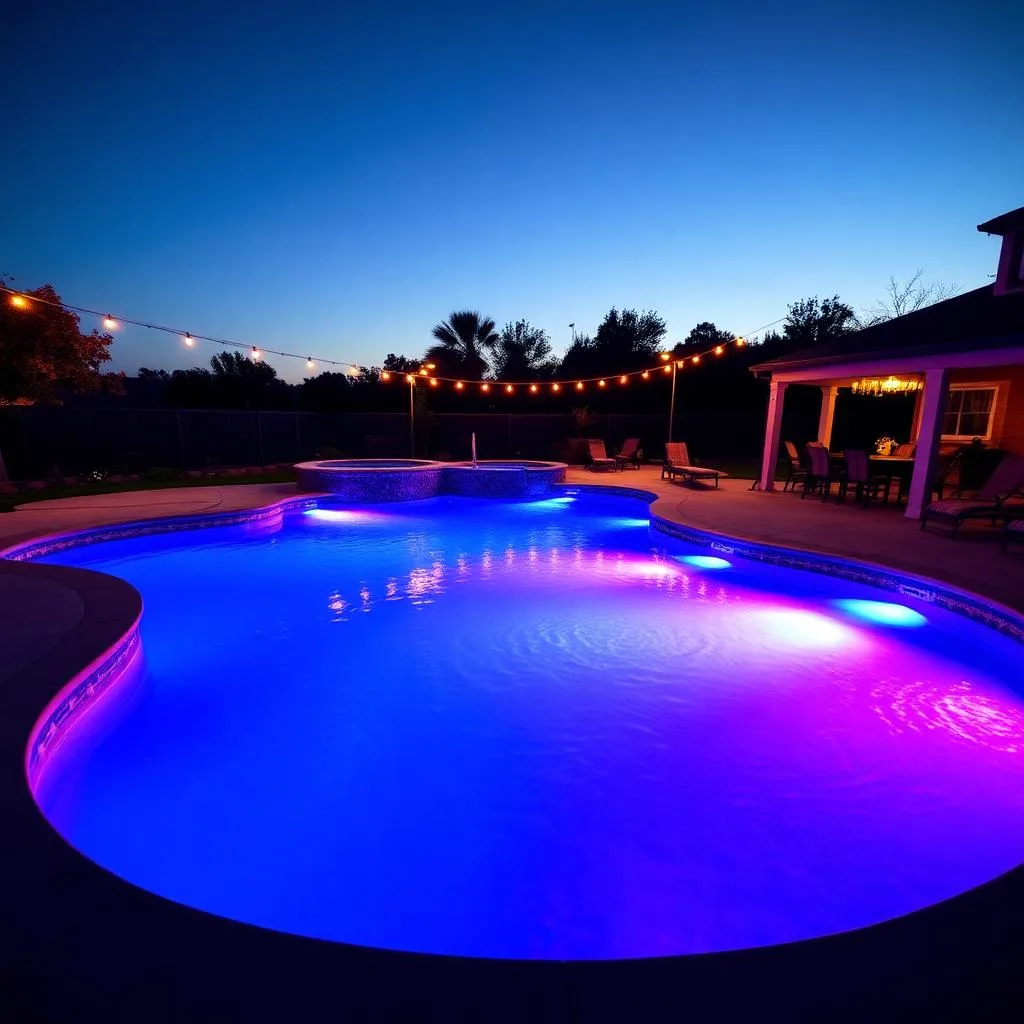 Pool glowing with LED lighting at dusk