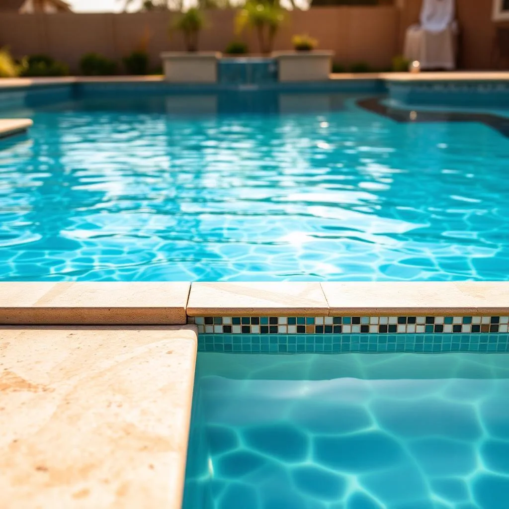 Waterline mosaic tile and stone coping on a residential pool