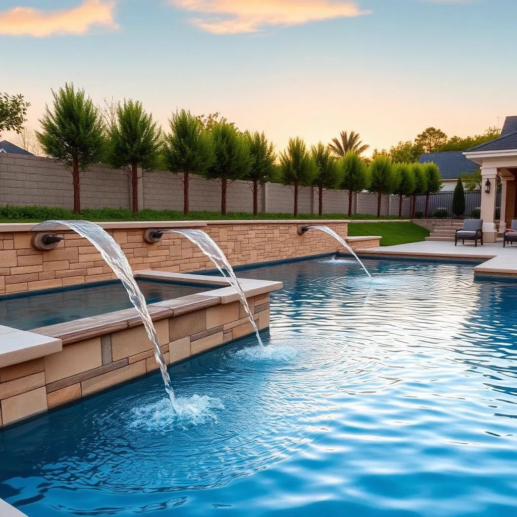 Sheer descent water features flowing into a remodeled pool