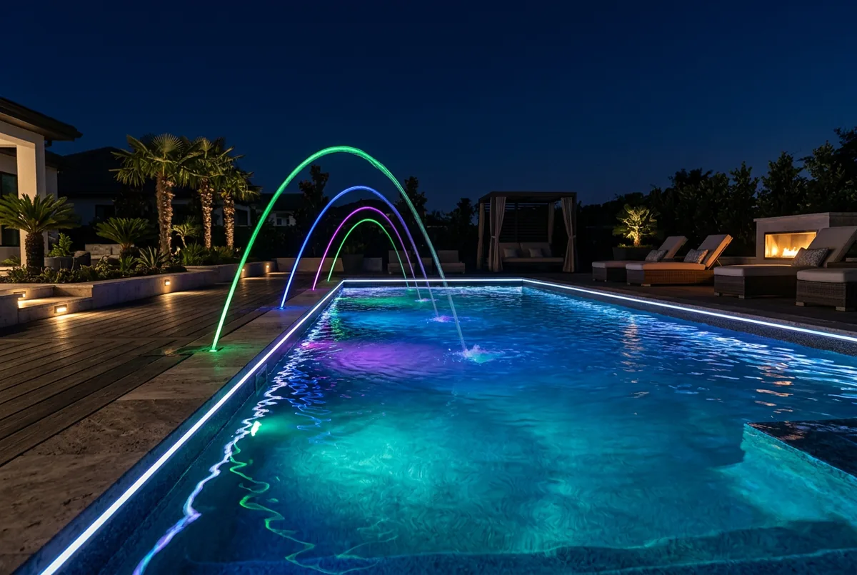 Technician replacing a glowing pool light at dusk