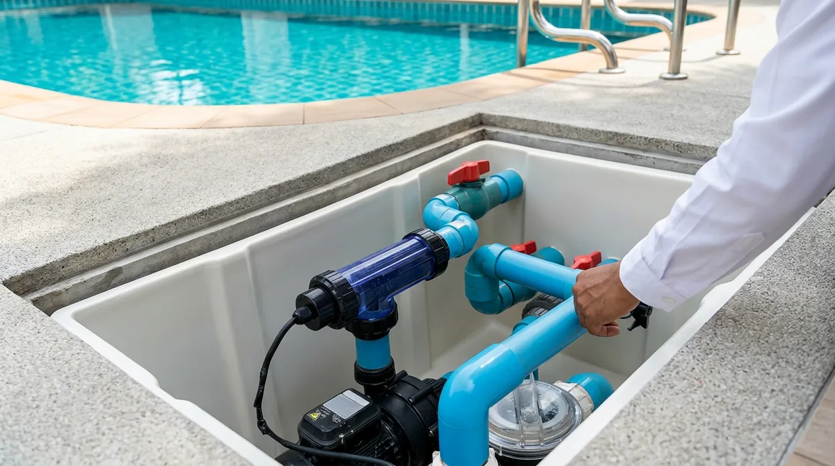 Technician servicing a pool pump and motor