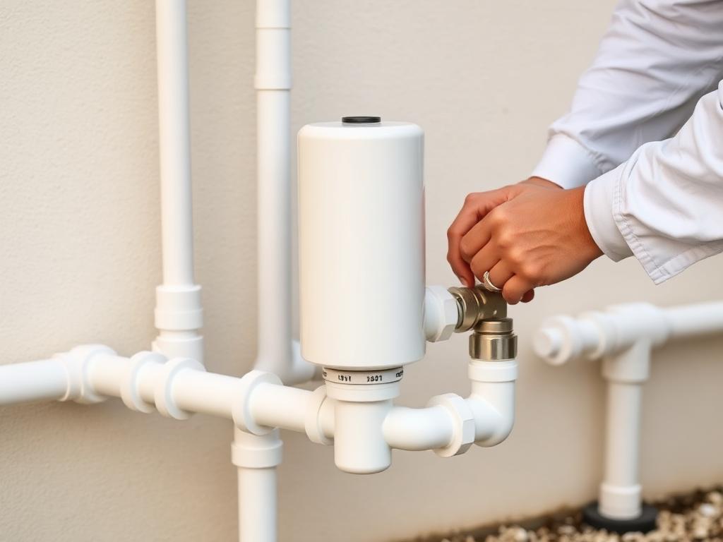 Technician inspecting a salt chlorine generator on pool plumbing