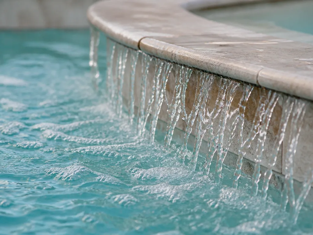 Spa water spilling over a stone spillway into a pool