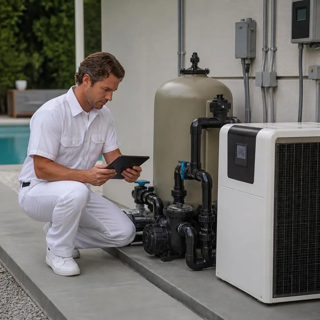 Technician checking pool pump and gauges