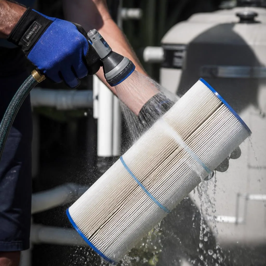 Technician rinsing a pool cartridge filter