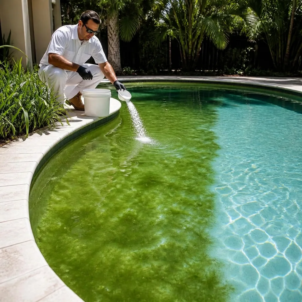 Technician brushing a green algae pool during recovery treatment