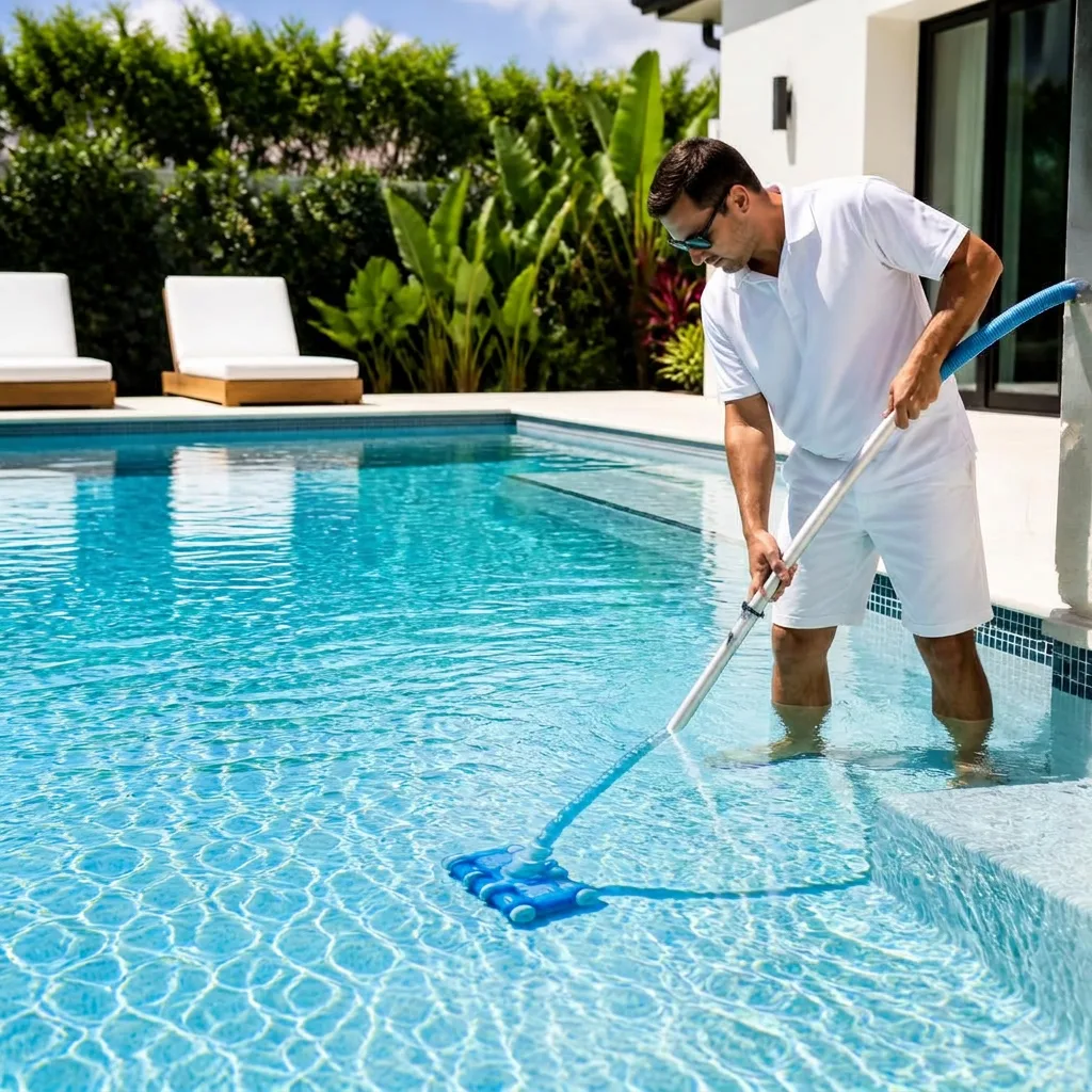 Technician vacuuming a backyard pool